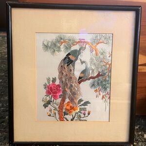 Embroidered Peacock Floral Art Framed Picture - Pink, Orange, Green